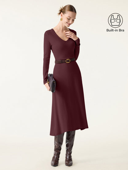 Robe midi quotidienne VORLADI avec col en V et manches longues intégrant Brami