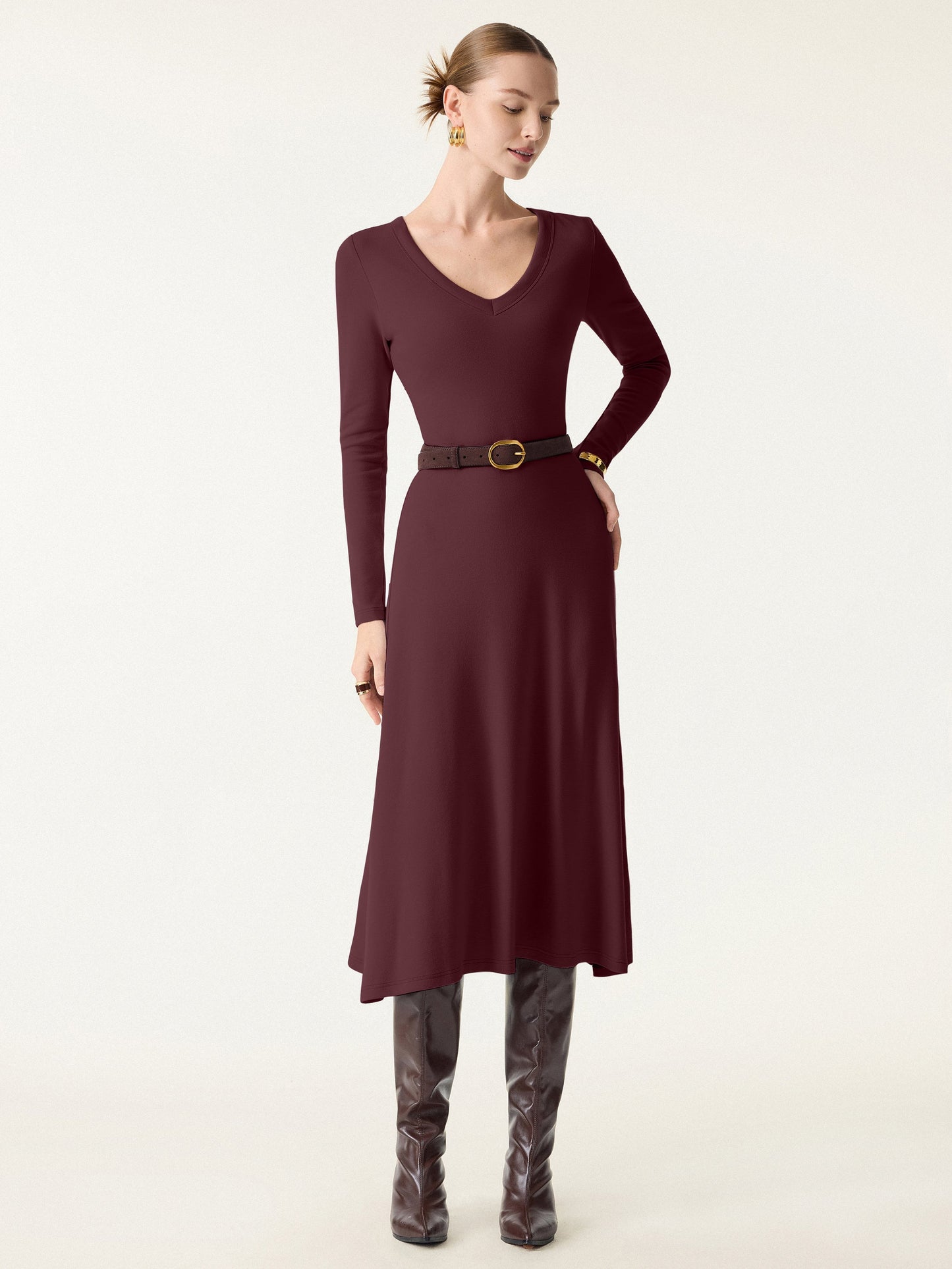 Robe midi quotidienne VORLADI avec col en V et manches longues intégrant Brami