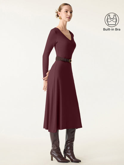 Robe midi quotidienne VORLADI avec col en V et manches longues intégrant Brami